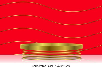 gold podium on gold spring with red and gold background in the white room