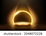 Gold podium for product presentation vector illustration. Abstract empty golden award platform with neon glowing round frame and rays, glitter confetti sparkle rain falling from above background