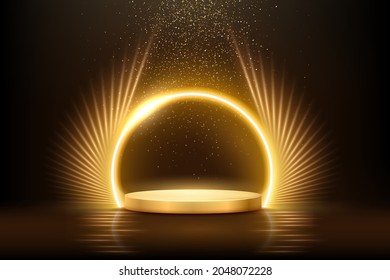 Gold podium for product presentation vector illustration. Abstract empty golden award platform with neon glowing round frame and rays, glitter confetti sparkle rain falling from above background - Shutterstock ID 2048072228