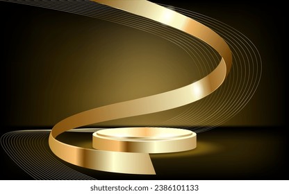 Gold podium for product presentation vector illustration. Abstract empty golden award platform with neon glowing round frame and rays, glitter confetti sparkle rain falling from above background