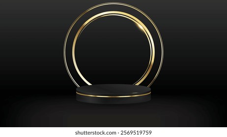 Gold podium for product presentation vector illustration. Abstract empty golden award platform with neon glowing round frame and rays, glitter confetti sparkle rain falling from above background