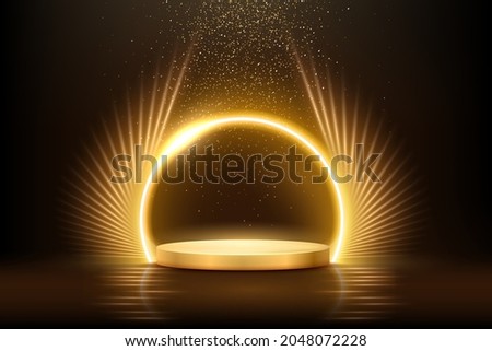Gold podium for product presentation vector illustration. Abstract empty golden award platform with neon glowing round frame and rays, glitter confetti sparkle rain falling from above background