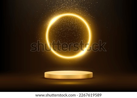 Gold podium for product presentation with yellow neon circle vector illustration. Abstract empty golden award platform with neon glowing round frame and rays, glitter confetti sparkle rain falling.