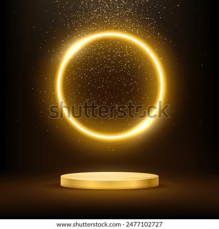 Gold podium for product presentation with yellow neon circle vector illustration. Abstract empty golden award platform with neon glowing round frame and rays, glitter confetti sparkle rain falling.
