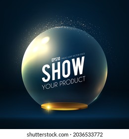 Gold podium Round Podium with Glass Dome. Scene, pedestal and 3D platform. Advertising, award and win design. Show and sale background.