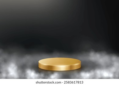 Gold podium in smoke on dark background. Empty 3d golden stage in fog cloud for product display. Luxury pedestal for cosmetics presentation or winners ceremony. Abstract vector illustration