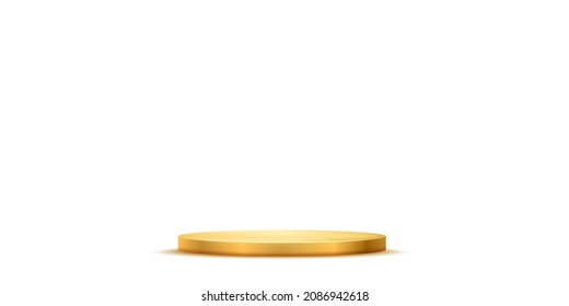 Gold podium stage vector illustration. 3d realistic golden luxury platform for winner, luminous pedestal stand for product display presentation with shadow on floor isolated on white background