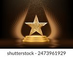 Gold podium with star vector illustration. Abstract golden award platform with glowing rays, glitter confetti sparkle rain falling from above background for product presentation.
