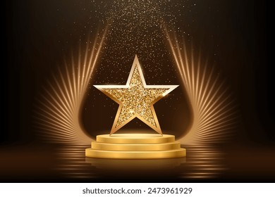 Gold podium with star vector illustration. Abstract golden award platform with glowing rays, glitter confetti sparkle rain falling from above background for product presentation.