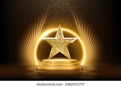 Gold podium with star vector illustration. Abstract golden award platform with neon glowing round frame and rays, glitter confetti sparkle rain falling from above background for product presentation.