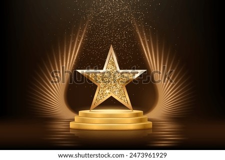 Gold podium with star vector illustration. Abstract golden award platform with glowing rays, glitter confetti sparkle rain falling from above background for product presentation.