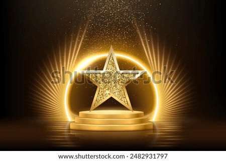 Gold podium with star vector illustration. Abstract golden award platform with neon glowing round frame and rays, glitter confetti sparkle rain falling from above background for product presentation.