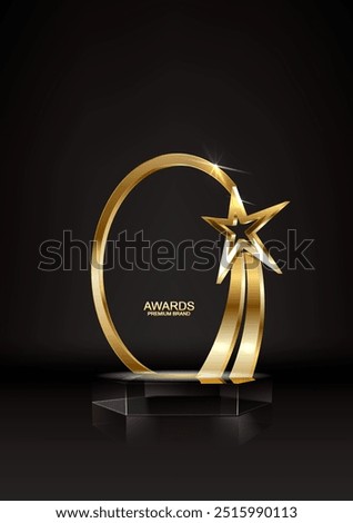 Gold podium with star vector illustration. Abstract golden award platform with glowing rays, glitter confetti sparkle rain falling from above background for product presentation.