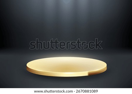 Gold podium studio room background. Black background vector 3d with golden circle pedestal. Empty room with light effect. Space for selling luxury products on the website. Vector illustration
