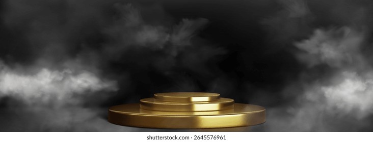 Gold podium with three circular tiers surrounded by dramatic smoke - metallic platform gleaming on dark background, white fog around base, luxury display stand for premium product presentations.