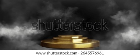 Gold podium with three circular tiers surrounded by dramatic smoke - metallic platform gleaming on dark background, white fog around base, luxury display stand for premium product presentations.