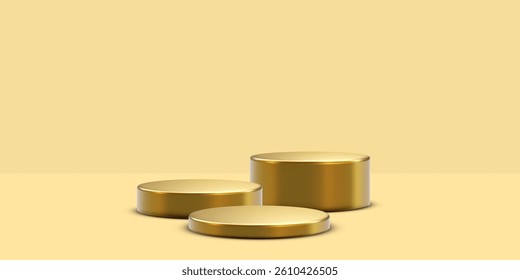 Gold Podium With Three Cylindrical Stands On Beige Background. Elegant Minimal Scene For Product Display, Presentation, Or Branding Design. Vector Illustration.