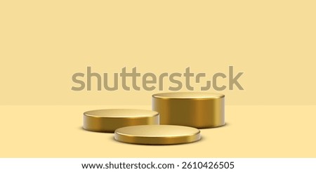 Gold Podium With Three Cylindrical Stands On Beige Background. Elegant Minimal Scene For Product Display, Presentation, Or Branding Design. Vector Illustration.