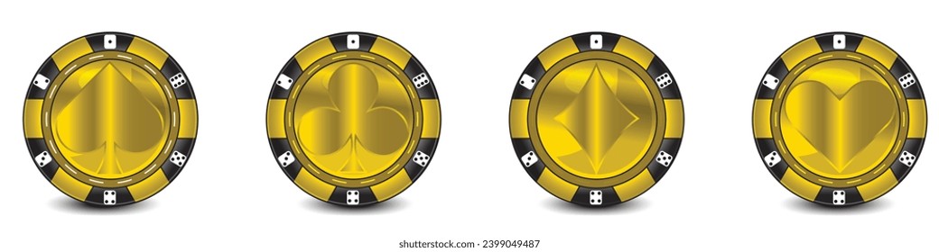 Gold Poker Chip with Card Suits on each chip, Icon for web or Game App, Online Gambling Clipart, Vector Illustration
