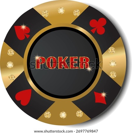 A gold poker chip.The chip is decorated with red elements in the form of hearts and diamonds, as well as gold sequins around the edges.Vector illustration