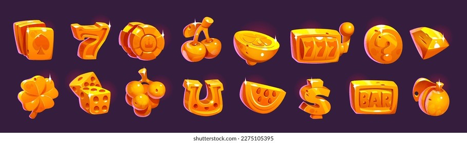 Gold poker game casino slot machine fruit icon set. Jackpot cherry, diamond, 777 and lucky symbol cartoon illustration on dark background. Golden online vegas lottery asset with sparkle.