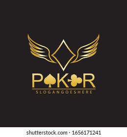 Gold Poker Logo Vektorillustration im eleganten Stil mit schwarzem Hintergrund. Poker Club Logo Design für Casino Business, Gamble, Kartenspiel, Spekulationen etc.