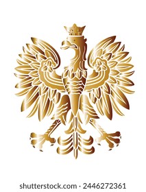 Gold Poland coat of arms, seal national emblem, isolated on white background. Vector illustration Coat of arms of Poland. Polish flag. Spread wings eagle silhouette shape shadow Poland national symbol