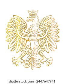 Gold Poland coat of arms, seal national emblem, isolated on white background. Vector illustration Coat of arms of Poland. Polish flag. Spread wings eagle silhouette shape shadow Poland national symbol