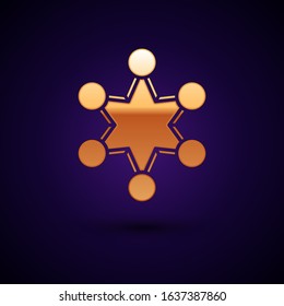 Gold Police badge icon isolated on dark blue background. Sheriff badge sign. Shield with star symbol.  Vector Illustration