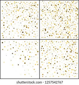 Gold polka dot. Confetti celebration. Falling golden abstract decoration for party, birthday celebrate, anniversary or event, festive. Festival decor. Vector illustration. 4 in 1