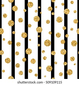 Gold polka dot on lines seamless pattern background. Golden foil confetti. Black and white stripes. Christmas glitter design decoration for card, wallpaper, wrapping, textile. Vector Illustration