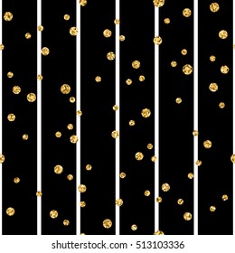 Gold polka dot on lines seamless pattern background. Golden foil confetti. Black and white stripes. Christmas glitter design decoration for card, wallpaper, wrapping, textile. Vector Illustration