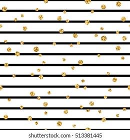 Gold polka dot on lines seamless pattern background. Golden foil confetti. Black and white stripes. Christmas glitter design decoration for card, wallpaper, wrapping, textile. Vector Illustration