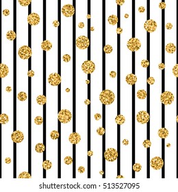 Gold polka dot on lines seamless pattern background. Golden foil confetti. Black and white stripes. Christmas glitter design decoration for card, wallpaper, wrapping, textile. Vector Illustration