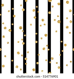 Gold polka dot on lines seamless pattern background. Golden foil confetti. Black and white stripes. Christmas glitter design decoration for card, wallpaper, wrapping, textile. Vector Illustration