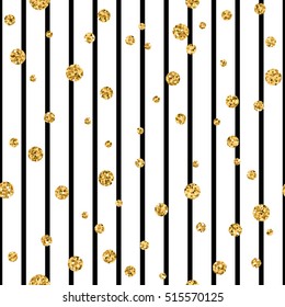Gold polka dot on lines seamless pattern background. Golden foil confetti. Black and white stripes. Christmas glitter design decoration for wallpaper, wrapping, textile. Vector Illustration
