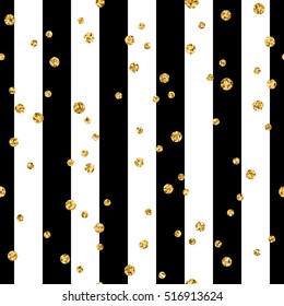 Gold polka dot on lines seamless pattern background. Golden foil confetti. Black and white stripes. Christmas glitter design decoration for card, wallpaper, wrapping, textile. Vector Illustration
