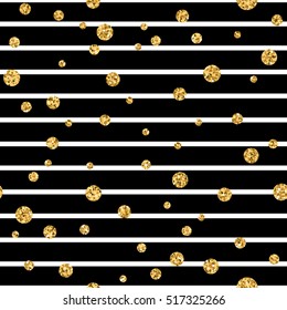 Gold polka dot on lines seamless pattern background. Golden foil confetti. Black and white stripes. Christmas glitter design decoration for card, wallpaper, wrapping, textile. Vector Illustration