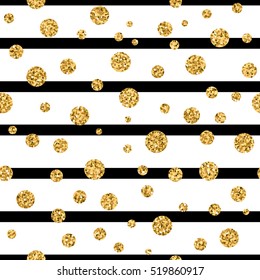 Gold polka dot on lines seamless pattern background. Golden foil confetti. Black and white stripes. Christmas glitter design decoration for card, wallpaper, wrapping, textile. Vector Illustration