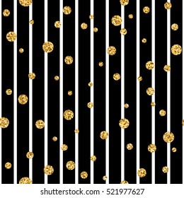 Gold polka dot on lines seamless pattern background. Golden foil confetti. Black and white stripes. Christmas glitter design decoration for card, wallpaper, wrapping, textile. Vector Illustration