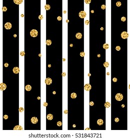 Gold polka dot on lines seamless pattern background. Golden foil confetti. Black and white stripes. Christmas glitter design decoration for card, wallpaper, wrapping, textile. Vector Illustration