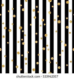 Gold polka dot on lines seamless pattern background. Golden foil confetti. Black and white stripes. Christmas glitter design decoration for card, wallpaper, wrapping, textile. Vector Illustration