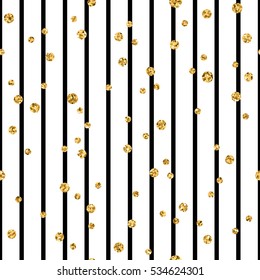 Gold polka dot on lines seamless pattern background. Golden foil confetti. Black and white stripes. Christmas glitter design decoration for card, wallpaper, wrapping, textile. Vector Illustration