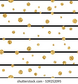 Gold polka dot on lines seamless pattern background. Golden foil confetti. Black and white stripes. Christmas glitter design decoration for card, wallpaper, wrapping, textile. Vector Illustration