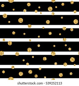 Gold polka dot on lines seamless pattern background. Golden foil confetti. Black and white stripes. Christmas glitter design decoration for card, wallpaper, wrapping, textile. Vector Illustration