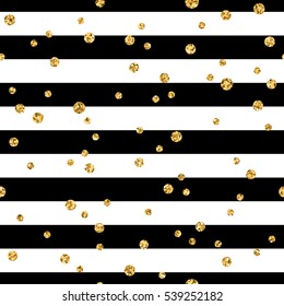 Punto de polka dorado en líneas de fondo sin fisuras. Papel dorado confetti. Rayas blancas y negras. Decoración navideña de diseño para tarjeta, papel pintado, envoltura, textil. Ilustración vectorial