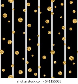 Gold polka dot on lines seamless pattern background. Golden foil confetti. Black and white stripes. Christmas glitter design decoration for card, wallpaper, wrapping, textile. Vector Illustration