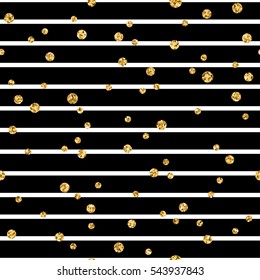 Gold polka dot on lines seamless pattern background. Golden foil confetti. Black and white stripes. Christmas glitter design decoration for card, wallpaper, wrapping, textile. Vector Illustration