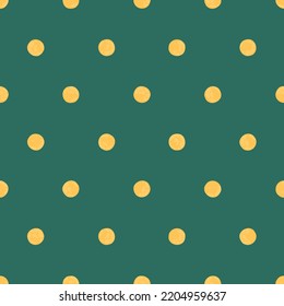 Gold Polka Dot on Pine Green Backdrop, Christmas Background, Seamless Pattern, Festive Illustration for Holidays, Wrapping Paper, Texture EPS Vector.