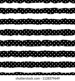 Gold polka dot on trendy background of white and black stripes seamless pattern. Golden foil confetti. Elegant pattern for Christmas background, textile, paper packaging and other design. EPS 10